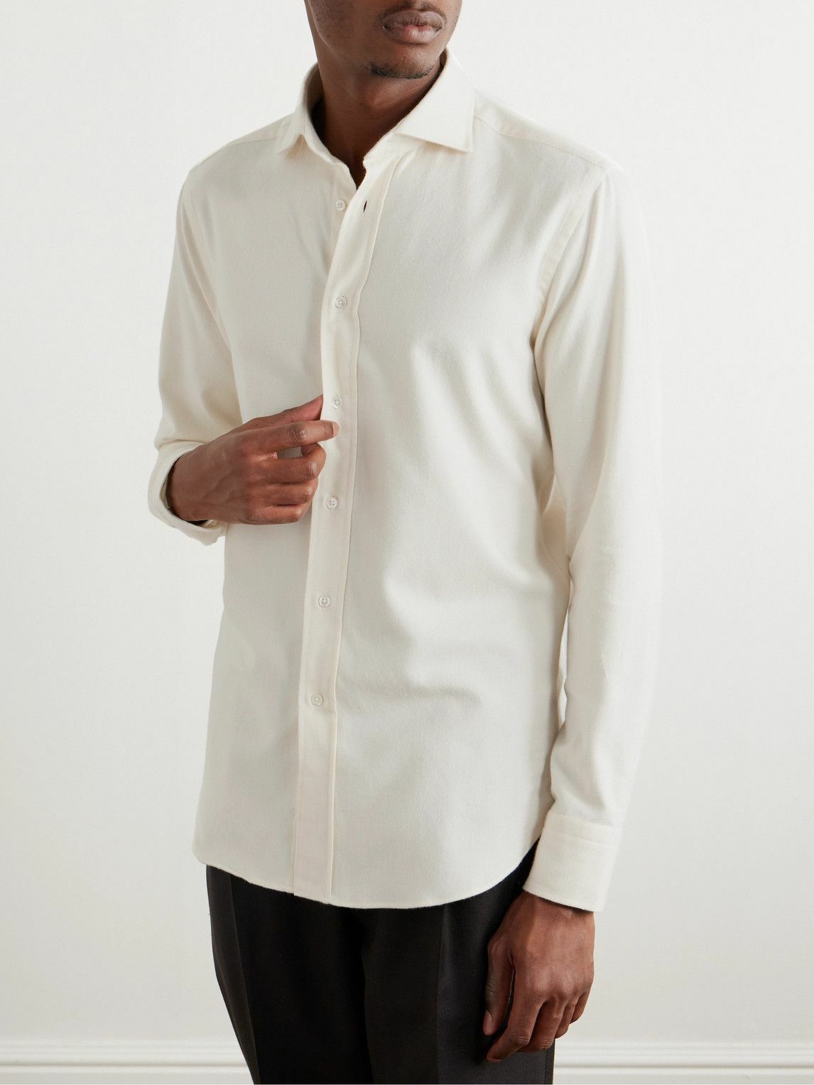 Thom Sweeney - Cutaway-Collar Cotton-Flannel Shirt - White Thom Sweeney