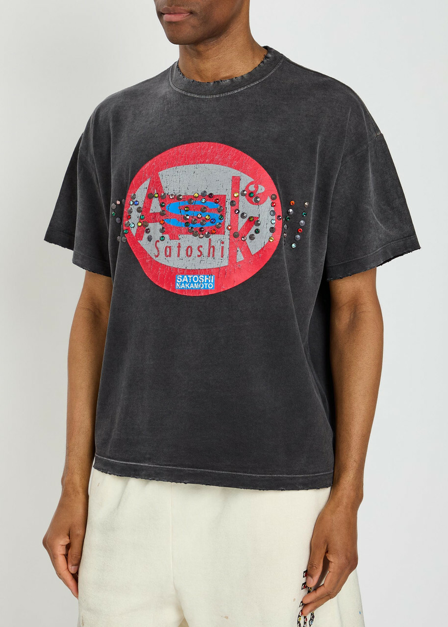 Satoshi Nakamoto Ask Satoshi Embellished Distressed Cotton T-shirt Black Other