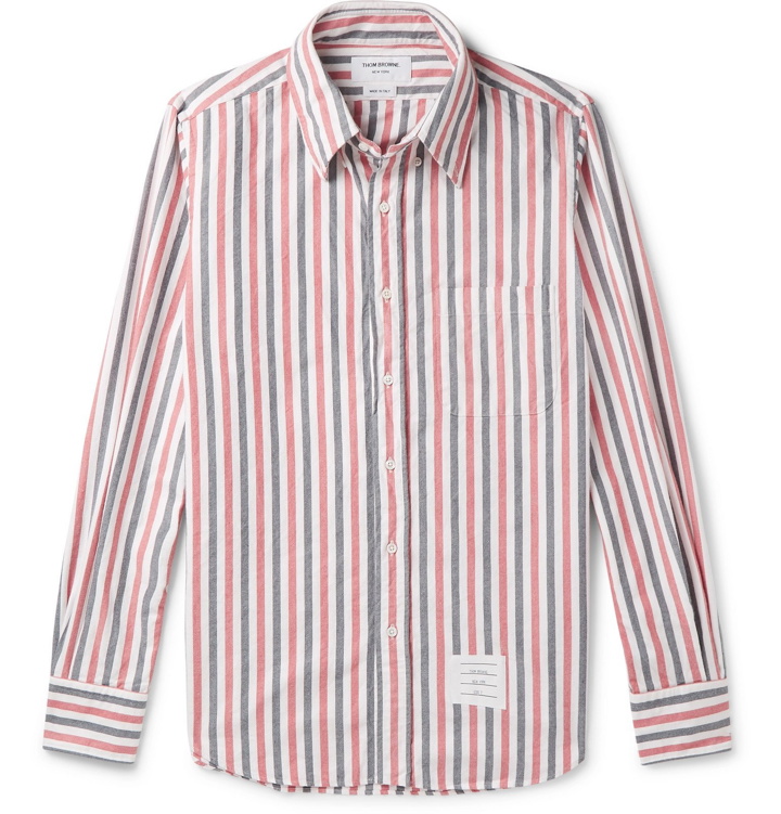 Photo: Thom Browne - Button-Down Collar Striped Herringbone Cotton-Flannel Shirt - Red
