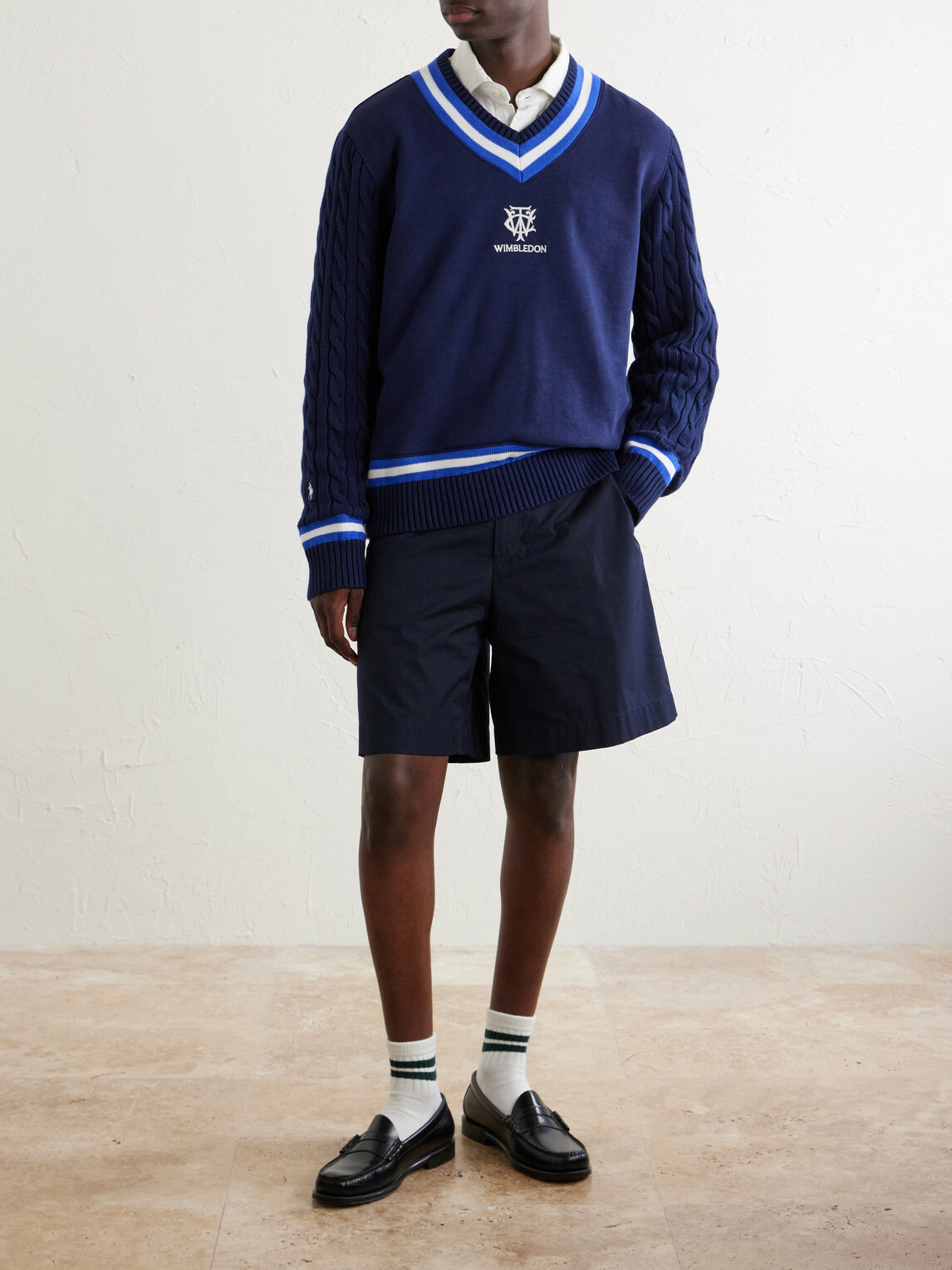 Polo Ralph Lauren - Wimbledon Logo-Embroidered Cable-Knit Cotton-Blend Fleece Sweater - Blue