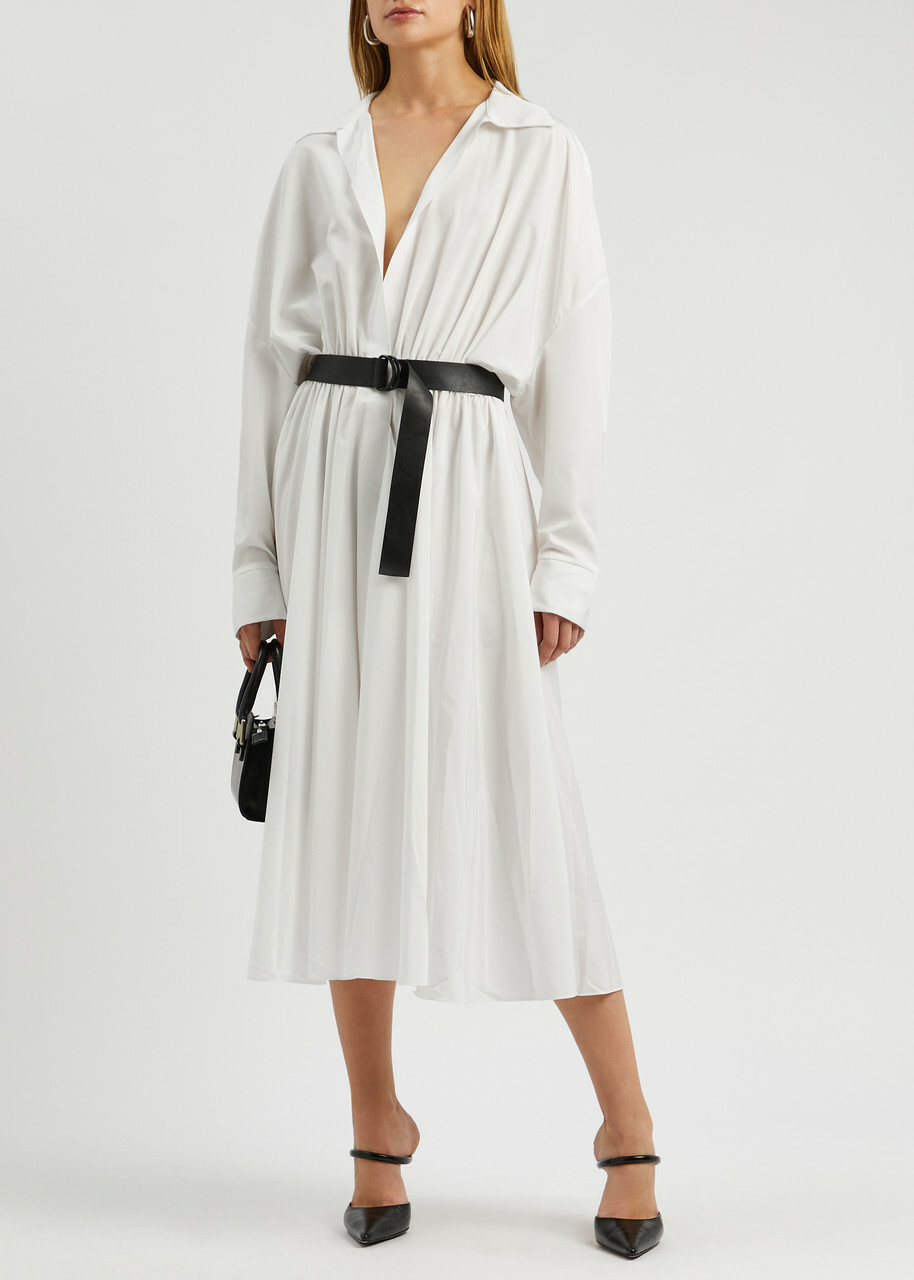 Norma Kamali Belted Matte Satin Shirt Dress White