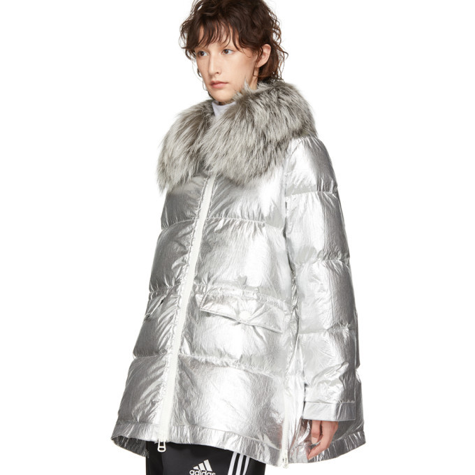 Yves Salomon Fox Collar Puffer Jacket in Metallic Grey