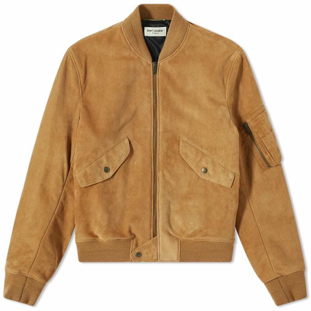 SAINT LAURENT Teddy leather-trimmed recycled wool-blend bomber