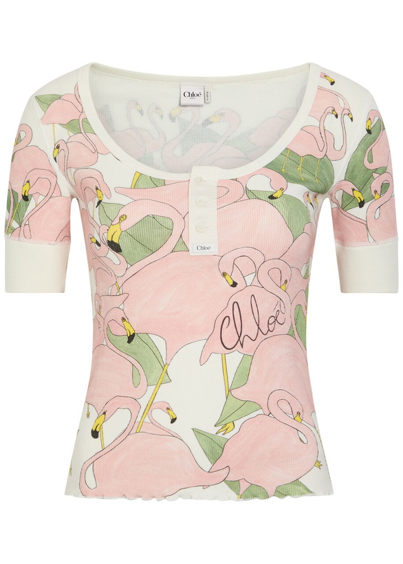 Photo: Chloe Flamingo-print Stretch-cotton top Ivory
