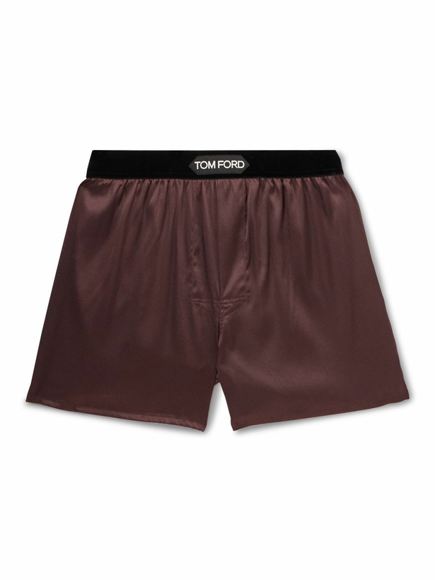 Photo: TOM FORD - Velvet-Trimmed Stretch-Silk Satin Boxer Shorts - Burgundy