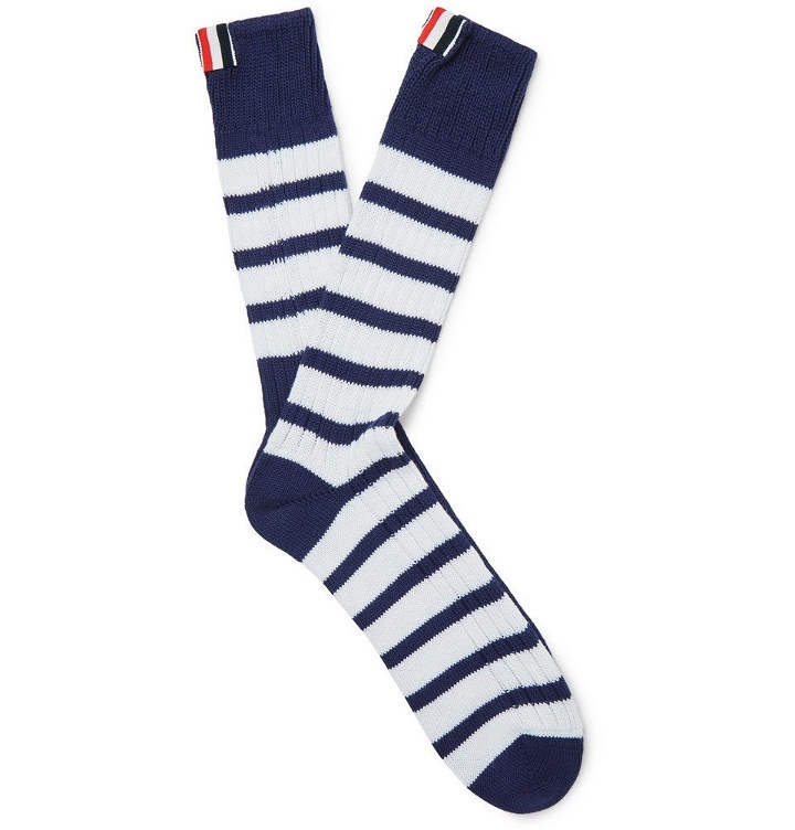 Photo: Thom Browne - Striped Ribbed Cotton Socks - Navy