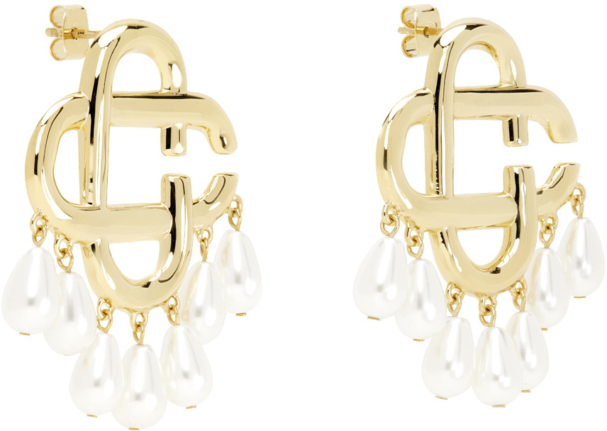 Casablanca Gold Pearl Drop Logo Earrings