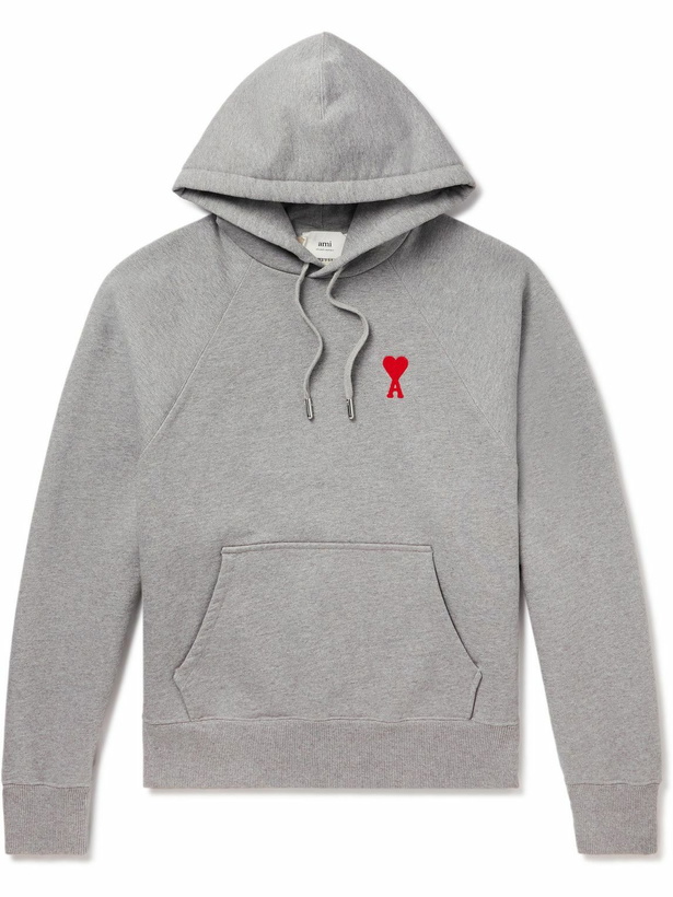 Photo: AMI PARIS - Logo-Embroidered Cotton-Blend Jersey Hoodie - Gray