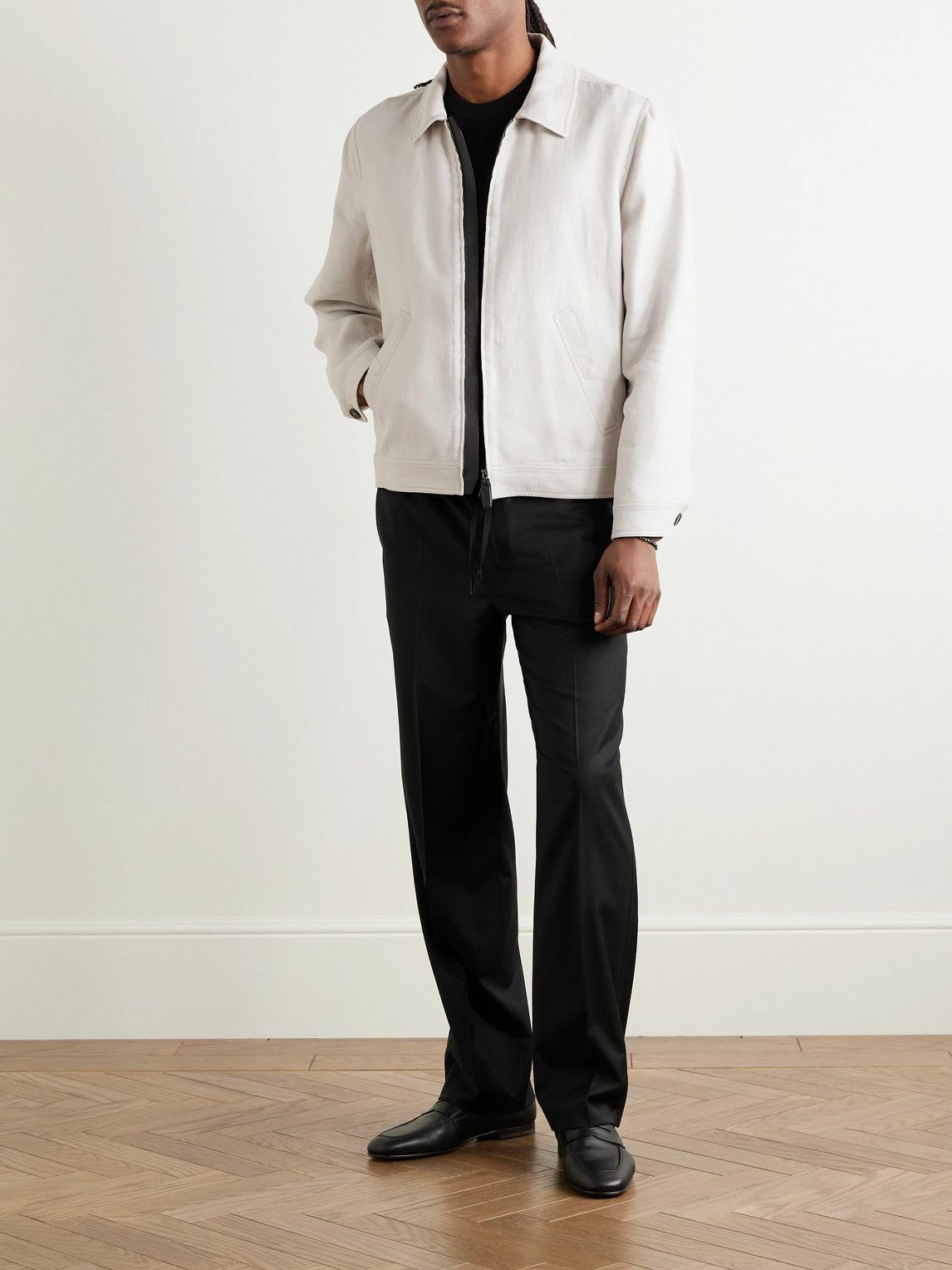 Brioni - Leather-Trimmed Linen-Blend Bomber Jacket - Brown