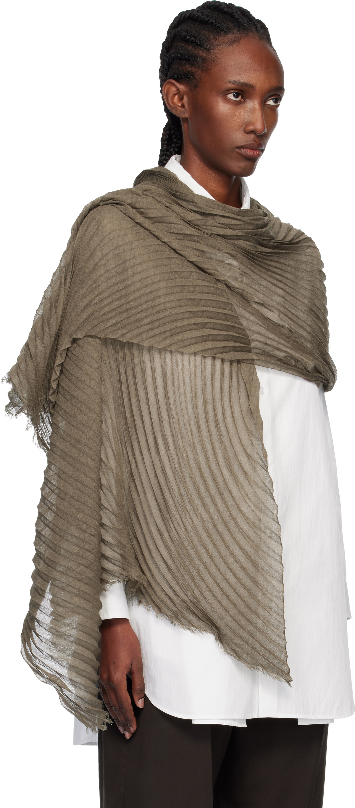 ISSEY MIYAKE Khaki Silk Wool Pleats Stole Scarf