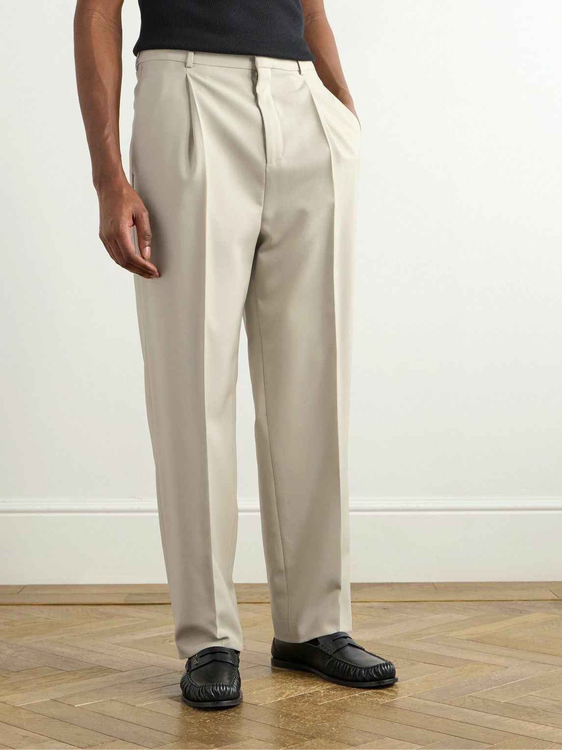 SAINT LAURENT - Tapered Pleated Grain de Poudre Wool Trousers - Neutrals