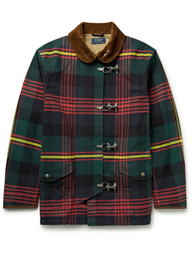 Photo: POLO RALPH LAUREN - Corduroy-Trimmed Checked Cotton-Canvas Jacket - Red