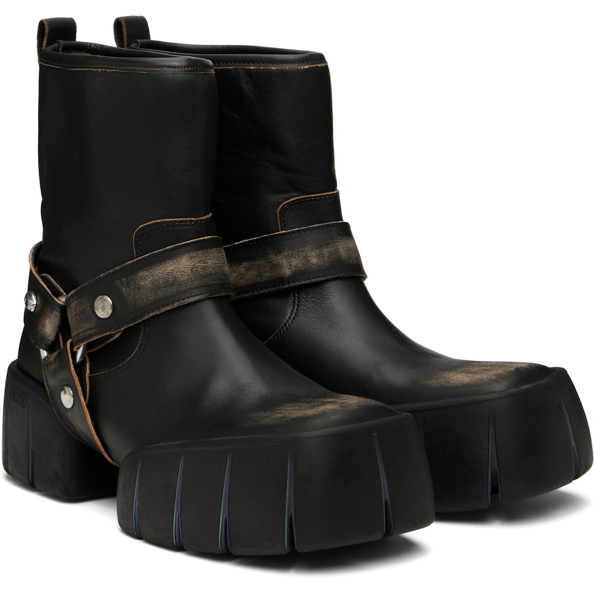 Diesel Black D-Tex Distressed Leather Biker Boots