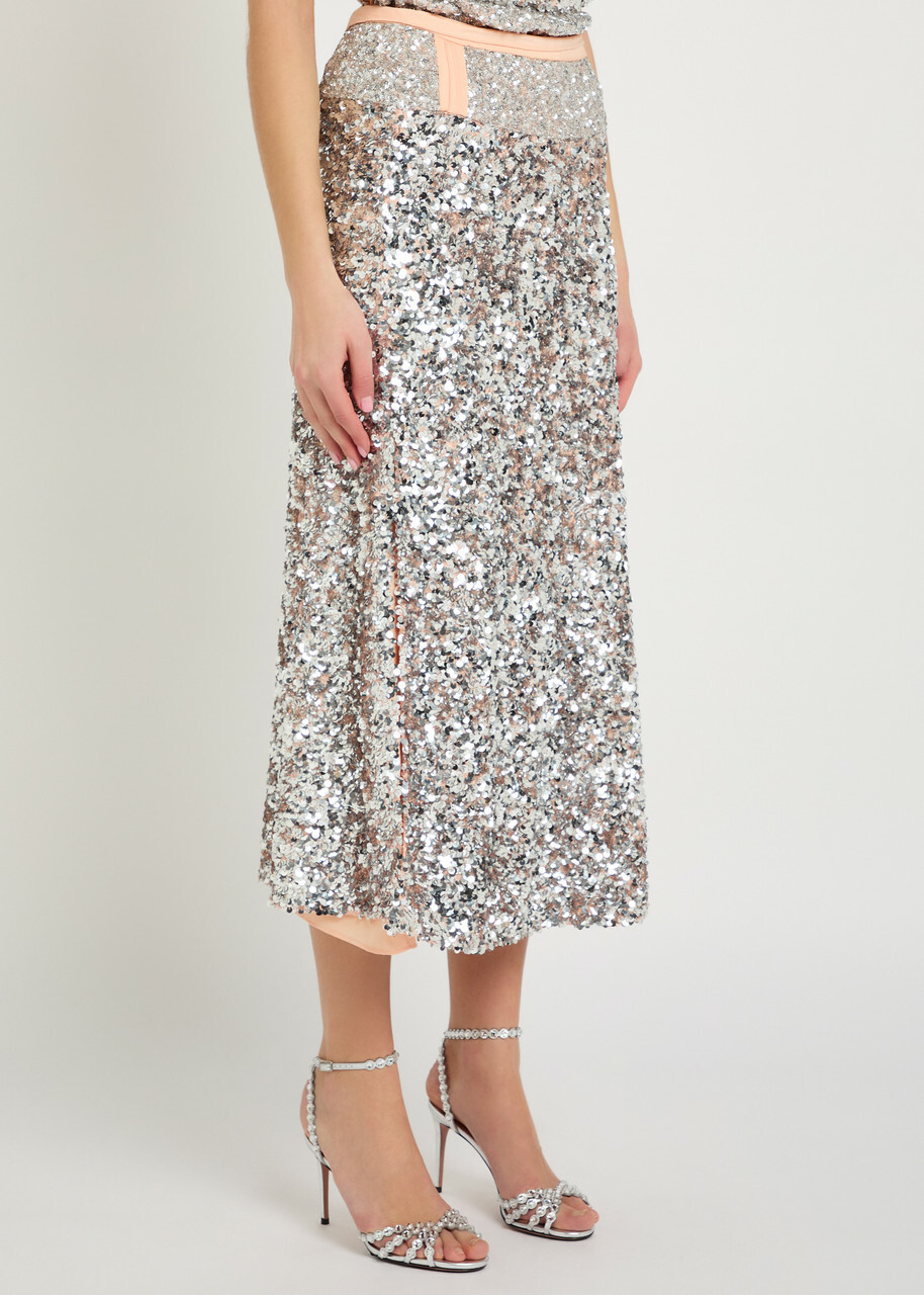 Rabanne Sequin-embellished Satin Midi Skirt Silver