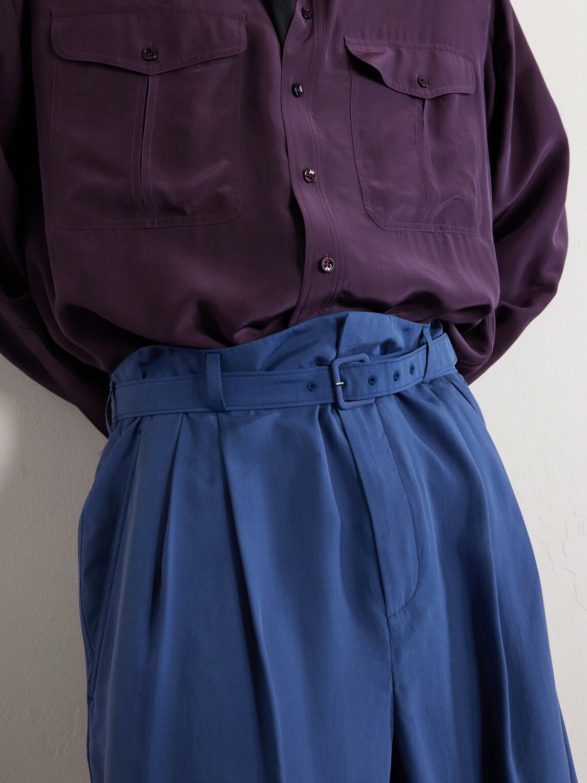 SAINT LAURENT - Tapered Belted Pleated Silk Trousers - Blue
