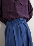 SAINT LAURENT - Tapered Belted Pleated Silk Trousers - Blue