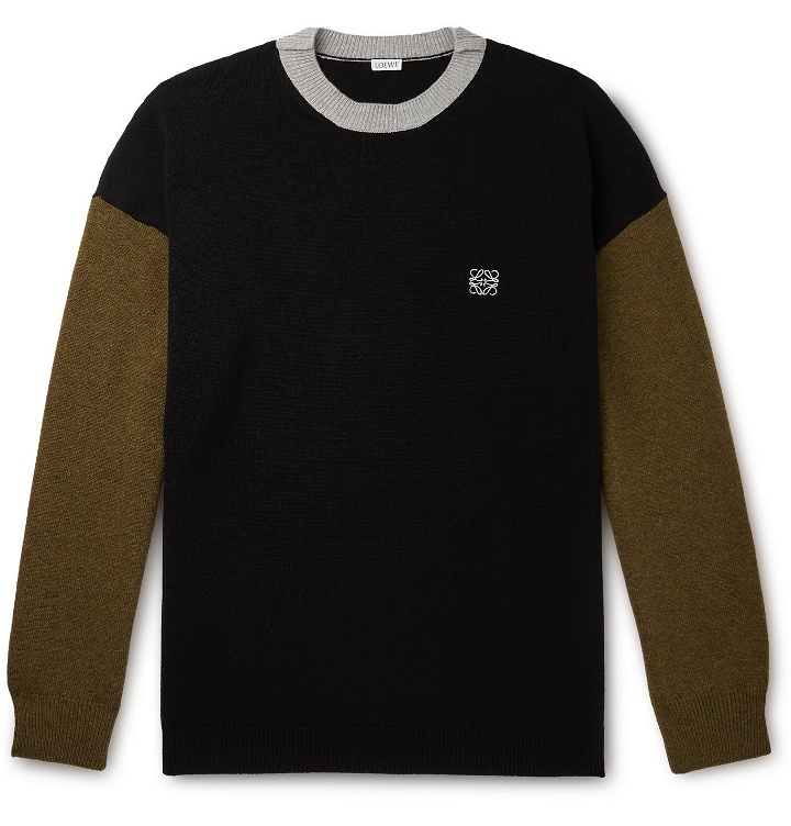 Photo: LOEWE - Colour-Block Logo-Embroidered Wool Sweater - Black