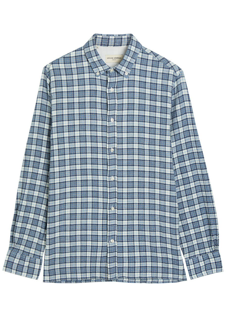 Officine Générale Arsene Checked Waffle Stretch-cotton Shirt Blue
