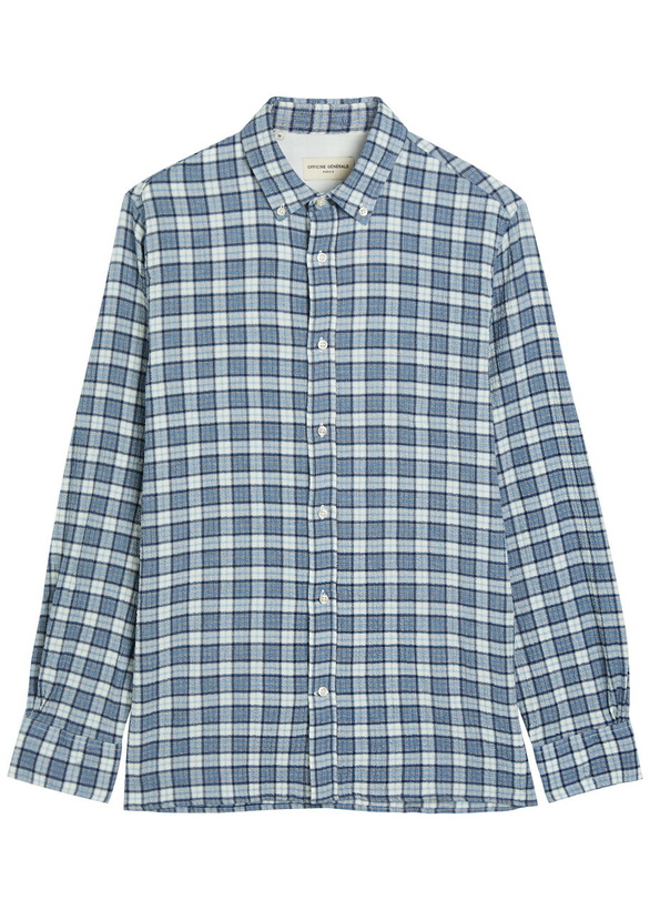 Photo: Officine Générale Arsene Checked Waffle Stretch-cotton Shirt Blue