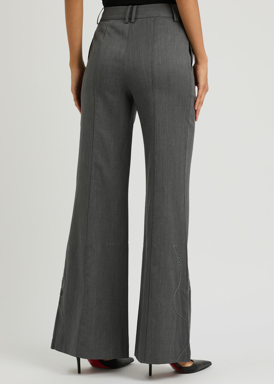 Clea Hunter Embroidered Flared-leg Wool Trousers Grey