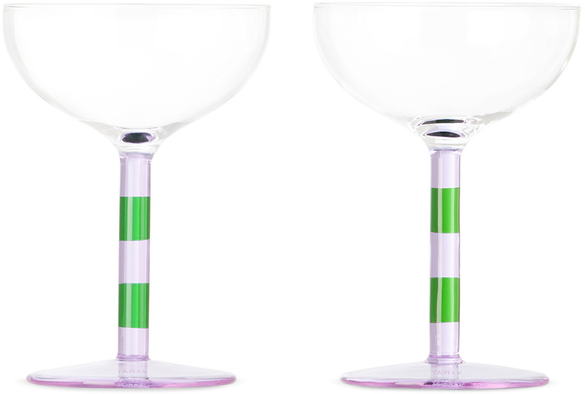 Purple & Green Striped Coupe Glasses Set