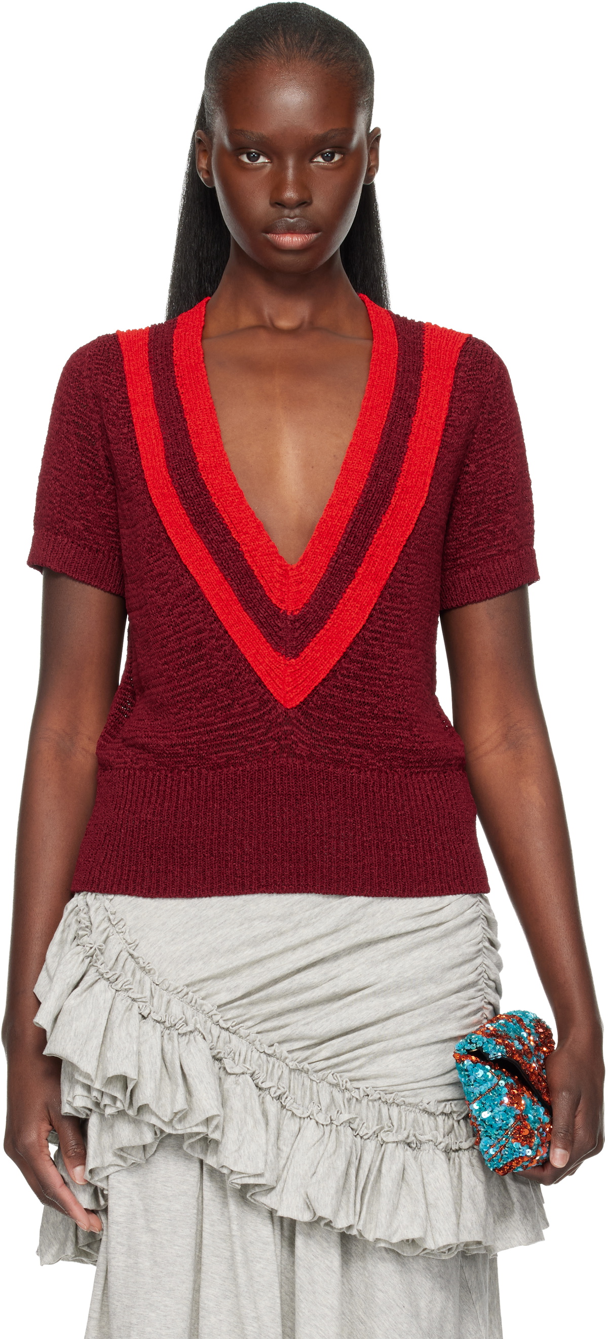 Dries Van Noten Burgundy V-Neck Knit Sweater