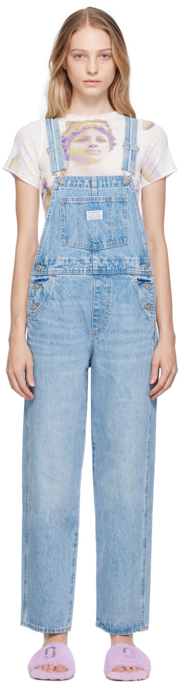 Vintage Blue Overalls Cuffed Stripe - L
