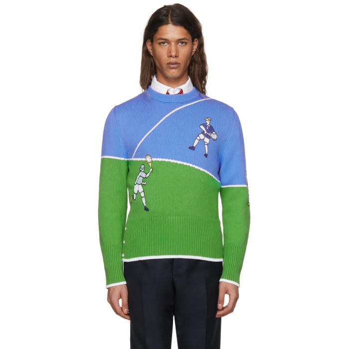 Photo: Thom Browne Blue and Green Tennis Player Classic Crewneck Pullover