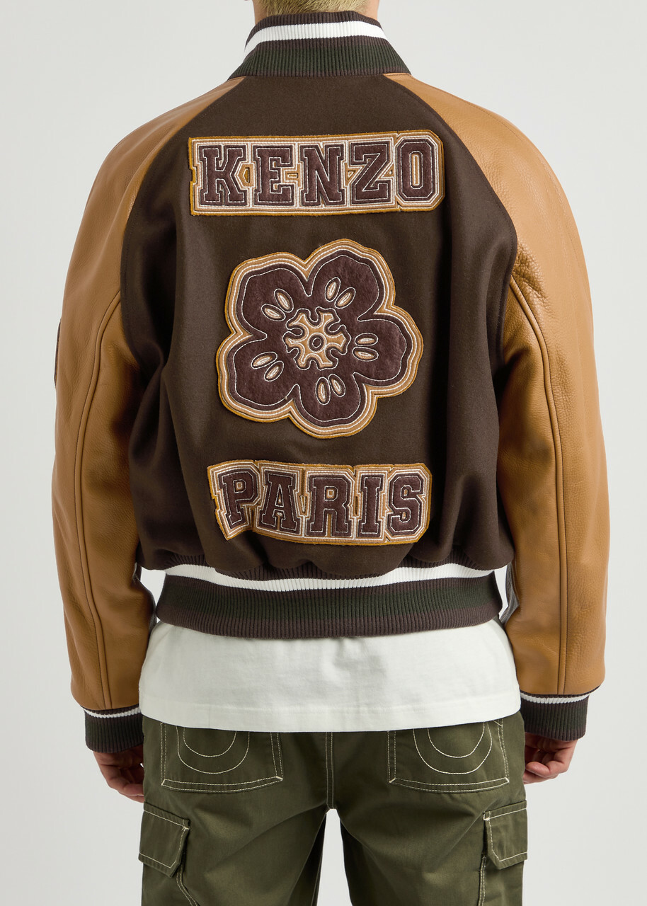 Kenzo Boke Flower Leather and Wool-blend Varsity Jacket Brown Kenzo