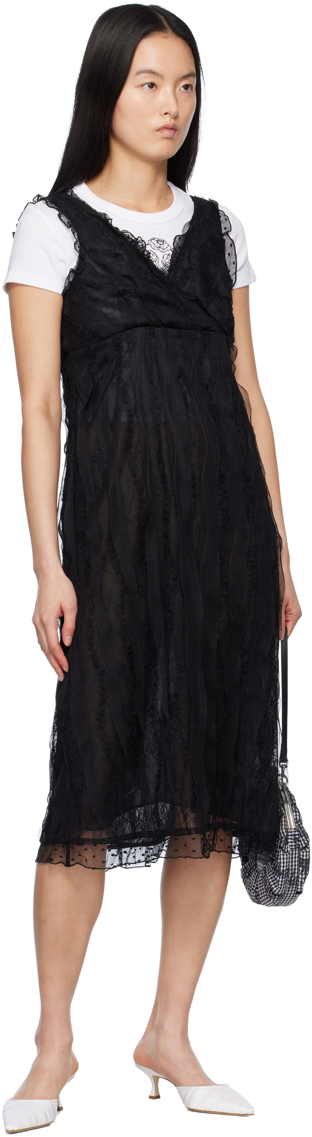Anna Sui Black Combo Sleeveless Lace Midi Dress