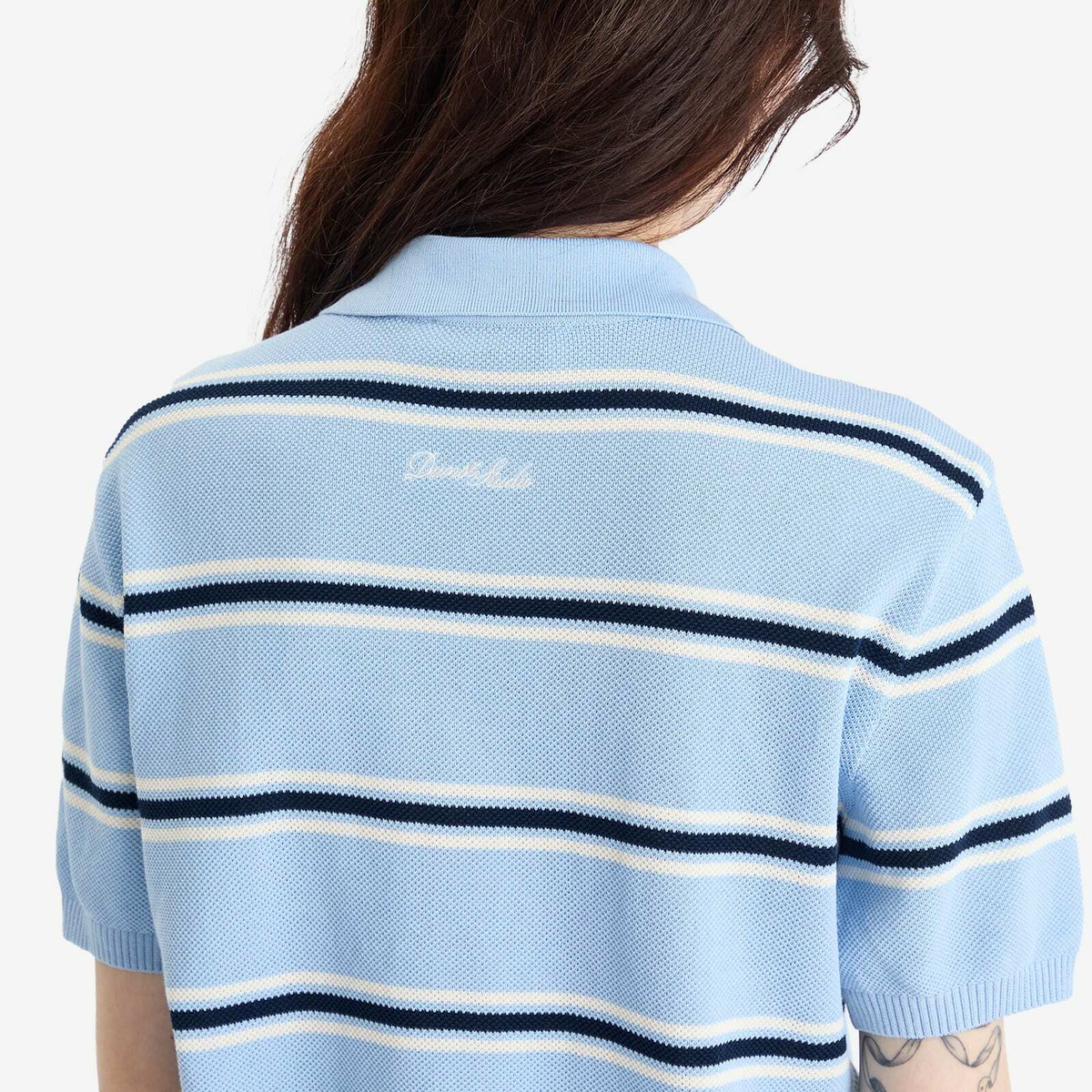 DUNST Women's Unisex Striped Polo Knit in Skyblue/Cream