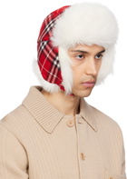 Burberry Red & Off-White Check Wool Trapper Hat