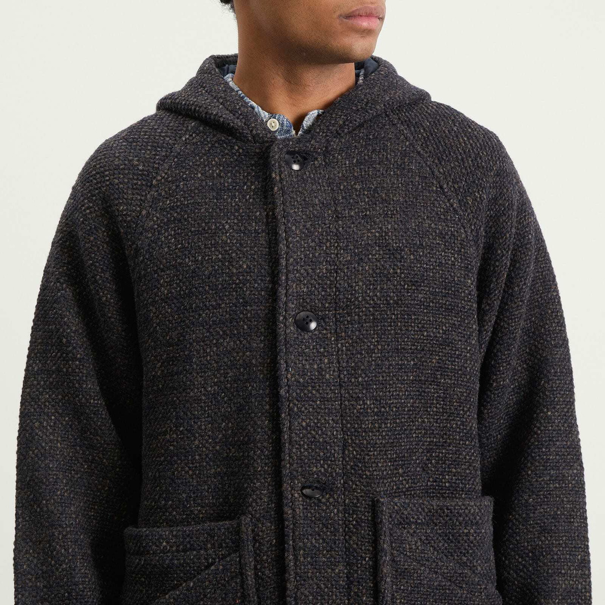 Folk Men's Hooded Car Coat in Navy Brown Texture