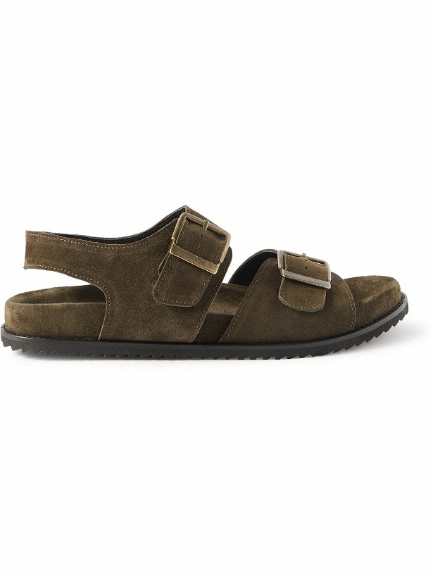 Photo: Mr P. - David Buckled Regenerated Suede by evolo® Sandals - Brown