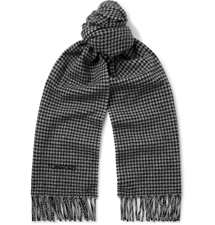 Photo: TOM FORD - Fringed Houndstooth Wool and Cashmere-Blend Scarf - Gray