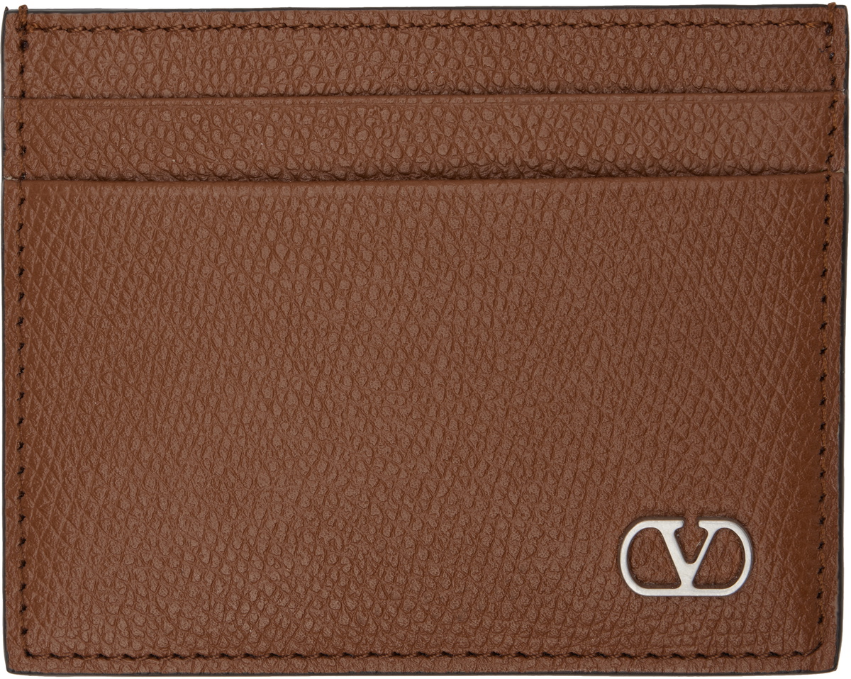Valentino Garavani Tan VLogo Signature Grainy Calfskin Card Holder