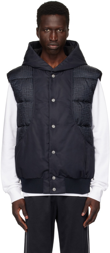 Photo: Balmain Black & Navy Monogram Puffer Vest