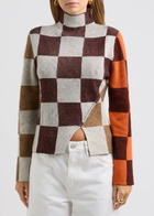 Stine Goya Colour-block Checked Ribbed-knit Jumper Brown