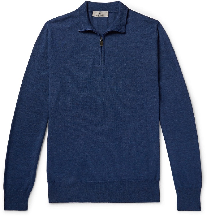 Photo: Canali - Merino Wool Half-Zip Sweater - Blue