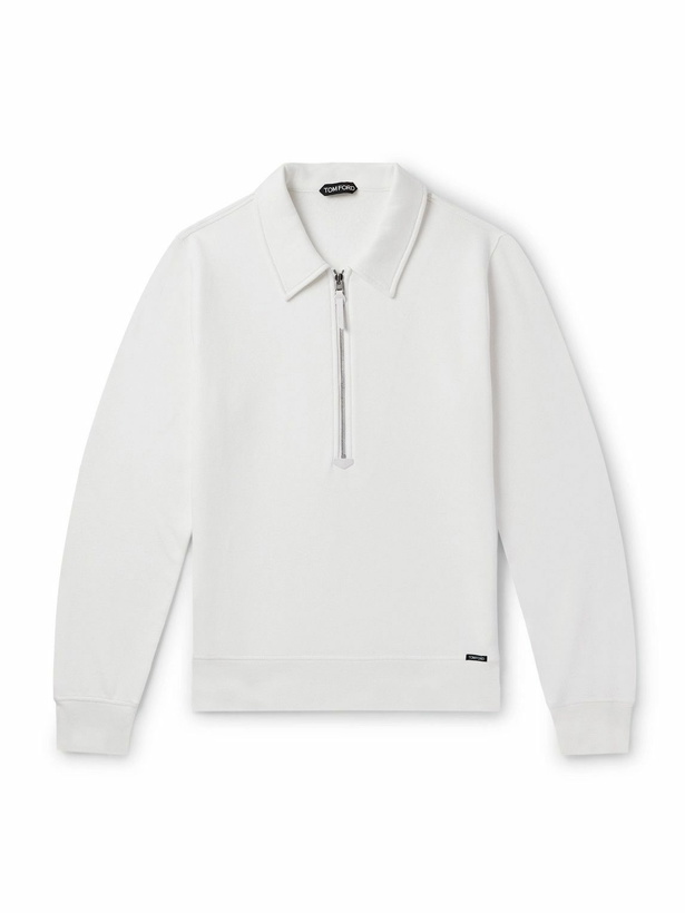 Photo: TOM FORD - Leather-Trimmed Cotton and Cashmere-Blend Jersey Half-Zip Sweatshirt - White