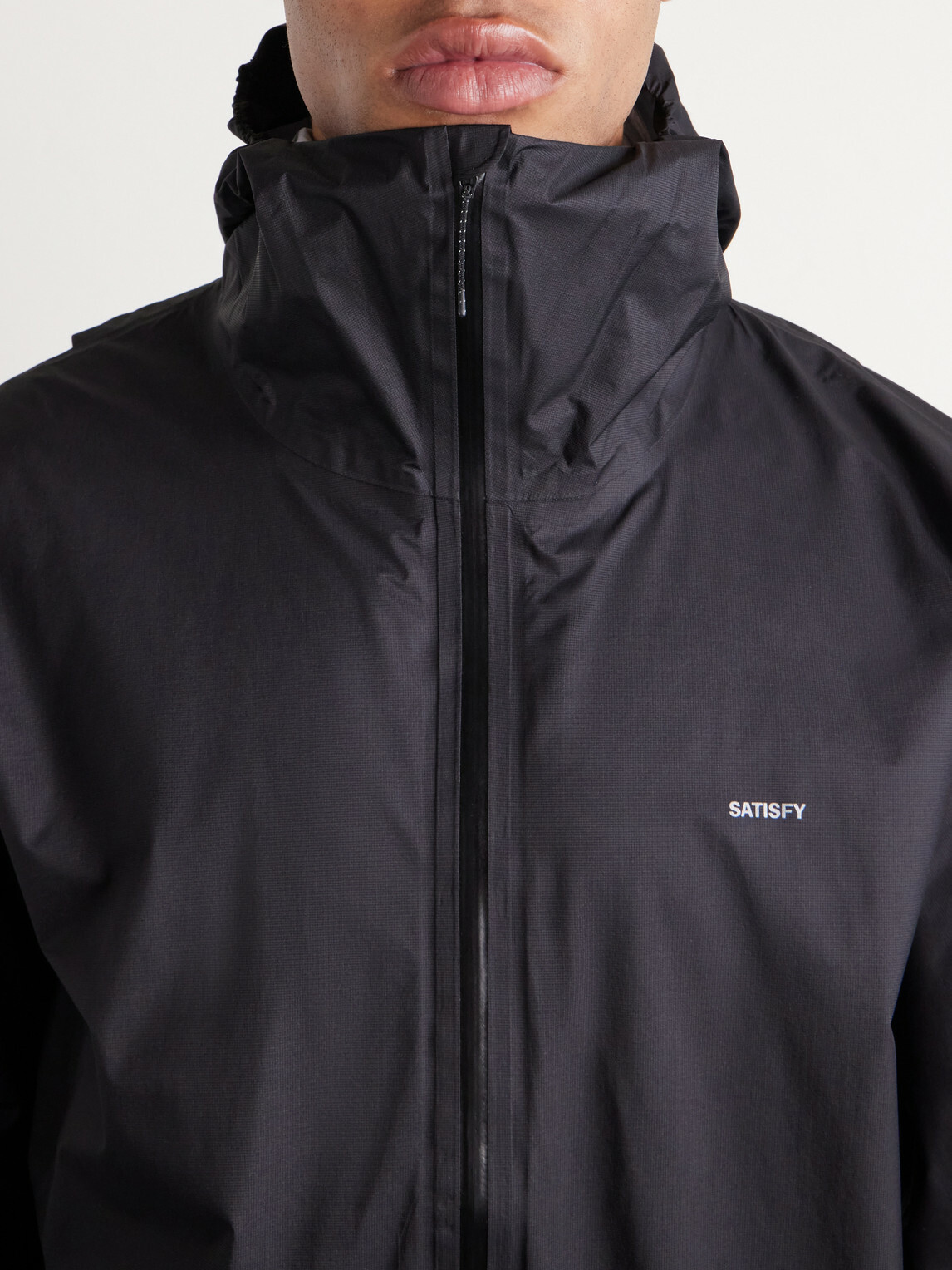 Satisfy - Rain Fly Hooded Logo-Printed PERTEX® Shield Air Jacket - Black