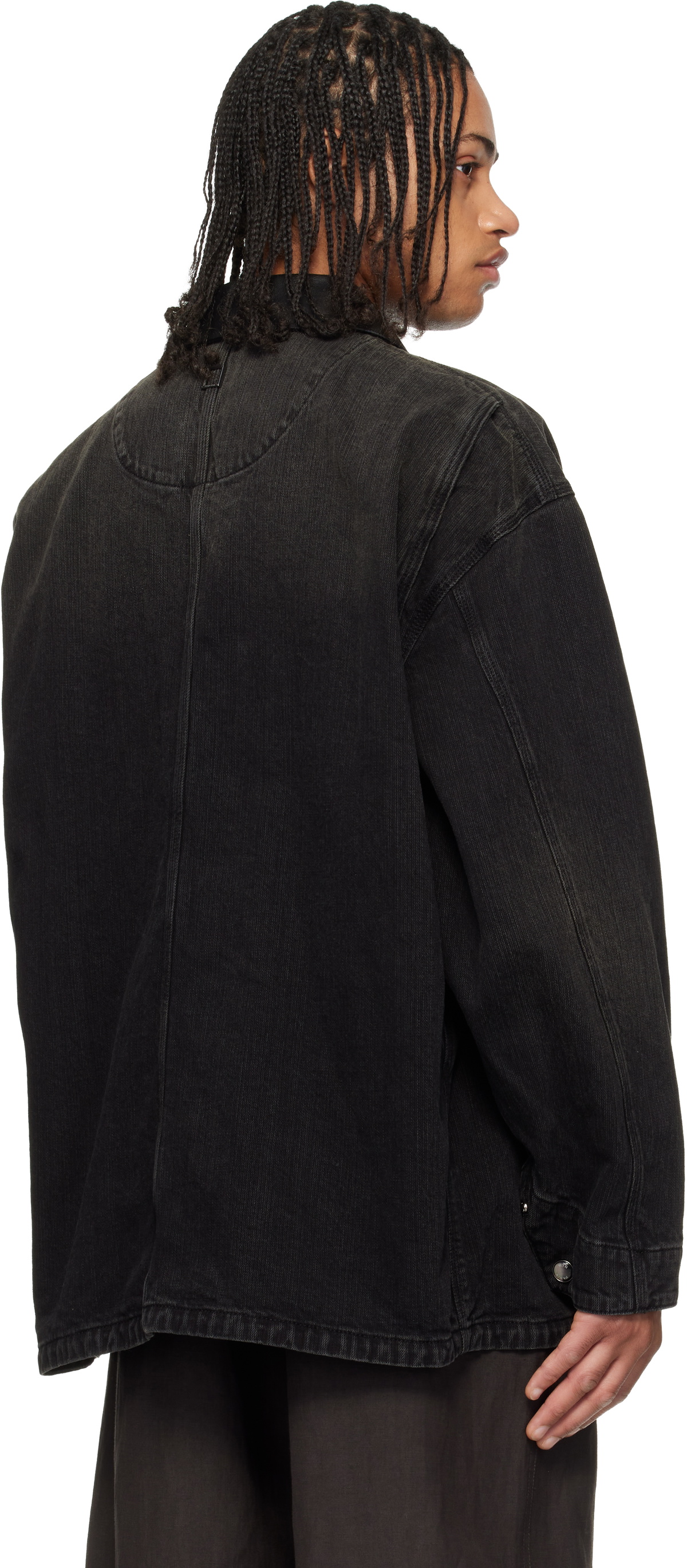 WOOYOUNGMI Black Leather Collar Tin-washed Denim Coat