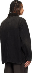 WOOYOUNGMI Black Leather Collar Tin-washed Denim Coat
