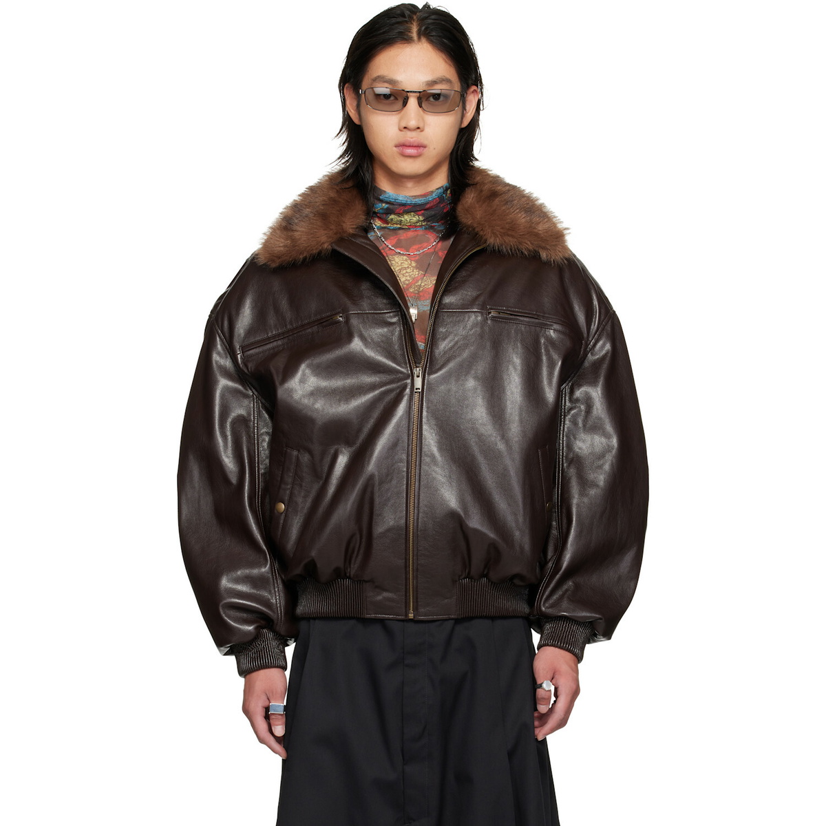 LU'U DAN Brown Faux-Leather Cargo Flight Jacket