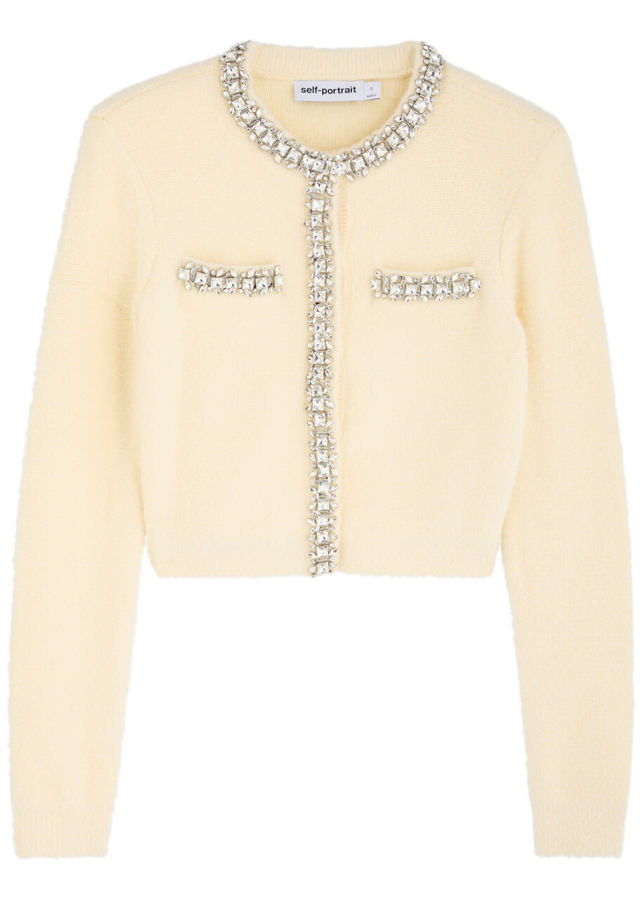Self-portrait Crystal-embellished Knitted Cardigan Cream