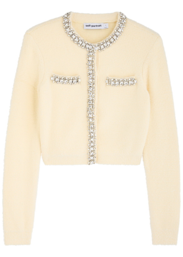 Photo: Self-portrait Crystal-embellished Knitted Cardigan Cream