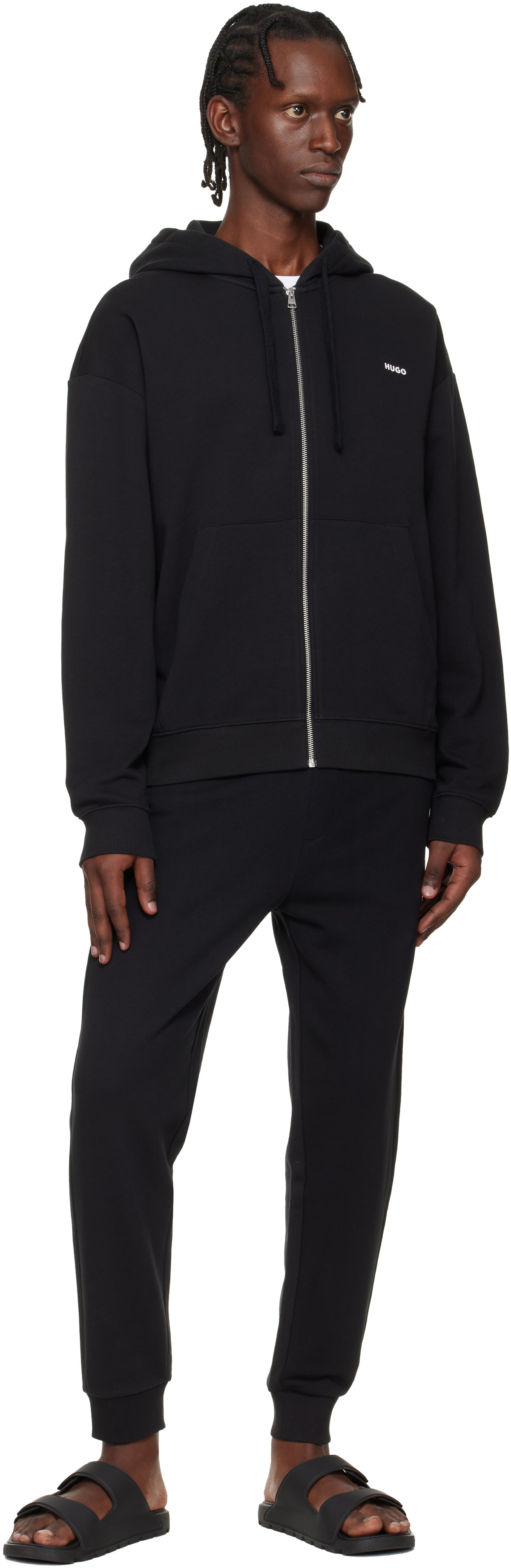 Hugo Black Relaxed-Fit Logo Detail Hoodie