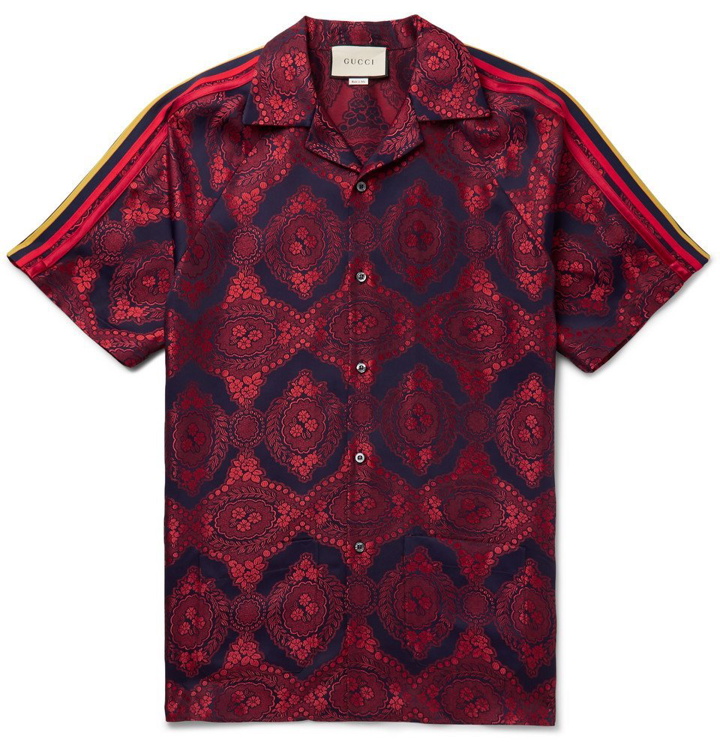 Photo: Gucci - Camp-Collar Webbing-Trimmed Jacquard Shirt - Red