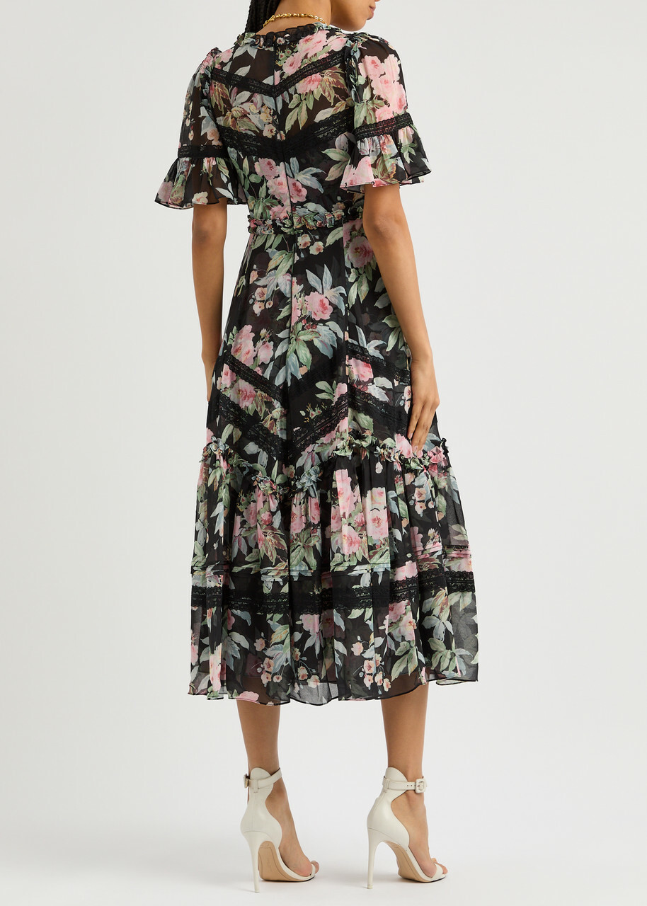 Needle & Thread Paradise Garden Sonata Floral-print Chiffon Midi Dress Black