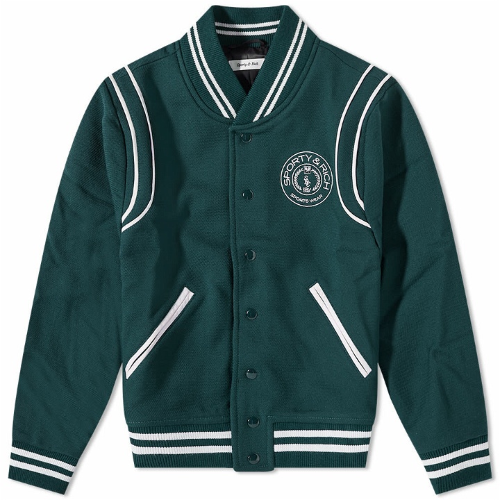 Photo: Sporty & Rich Connecticut Varsity Jacket in Forest/White